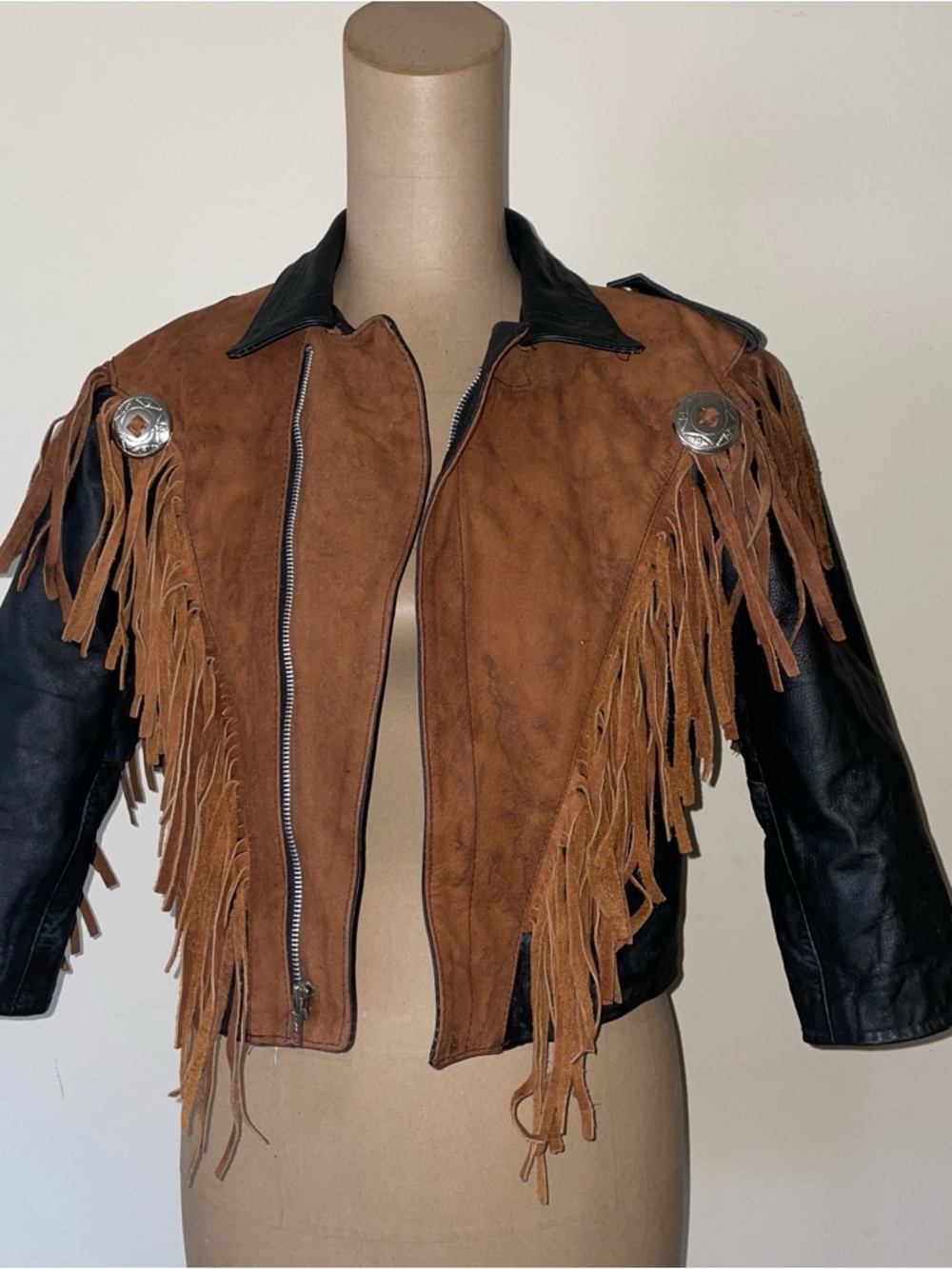 Fringed Two-Tone Faux Suede & Leather Kids' Jacket - Brown/Black XXL WESTERN